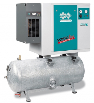 RENNER SCROLL-Kompressor SLDK-S 1,5 auf liegendem, verzinktem Druckluftbeh?lter mit angebautem K?ltetrockner